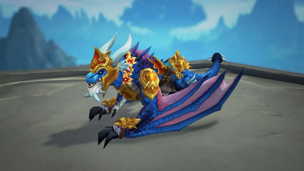 A blue Wylderdrake Dragon wears the Midsummer Festival armor