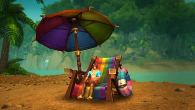A dracthyr sitting in a rainbow colored beach chair with an umbrella