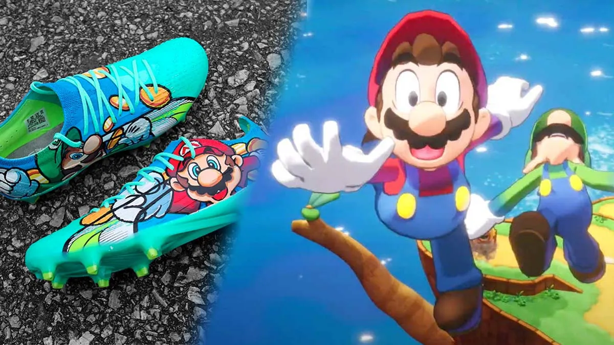 A pair of Mario-themed Nintendo boots and Mario and Luigi jumping through the air
