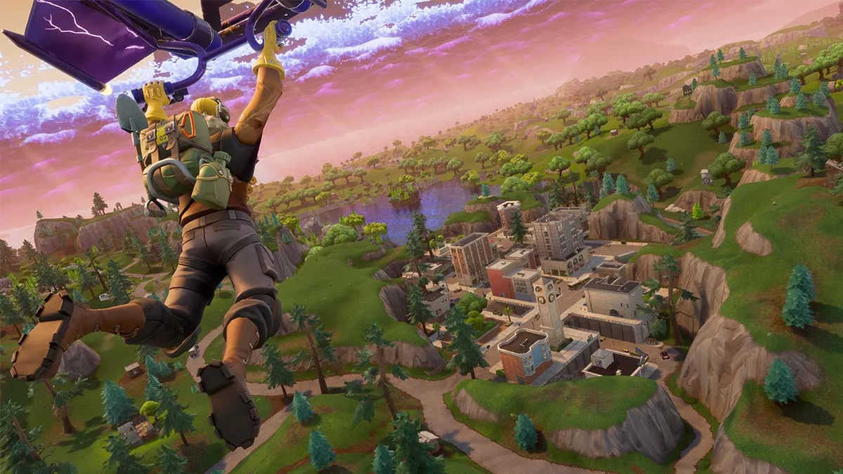 Fortnite player gliding into Tilted Towers