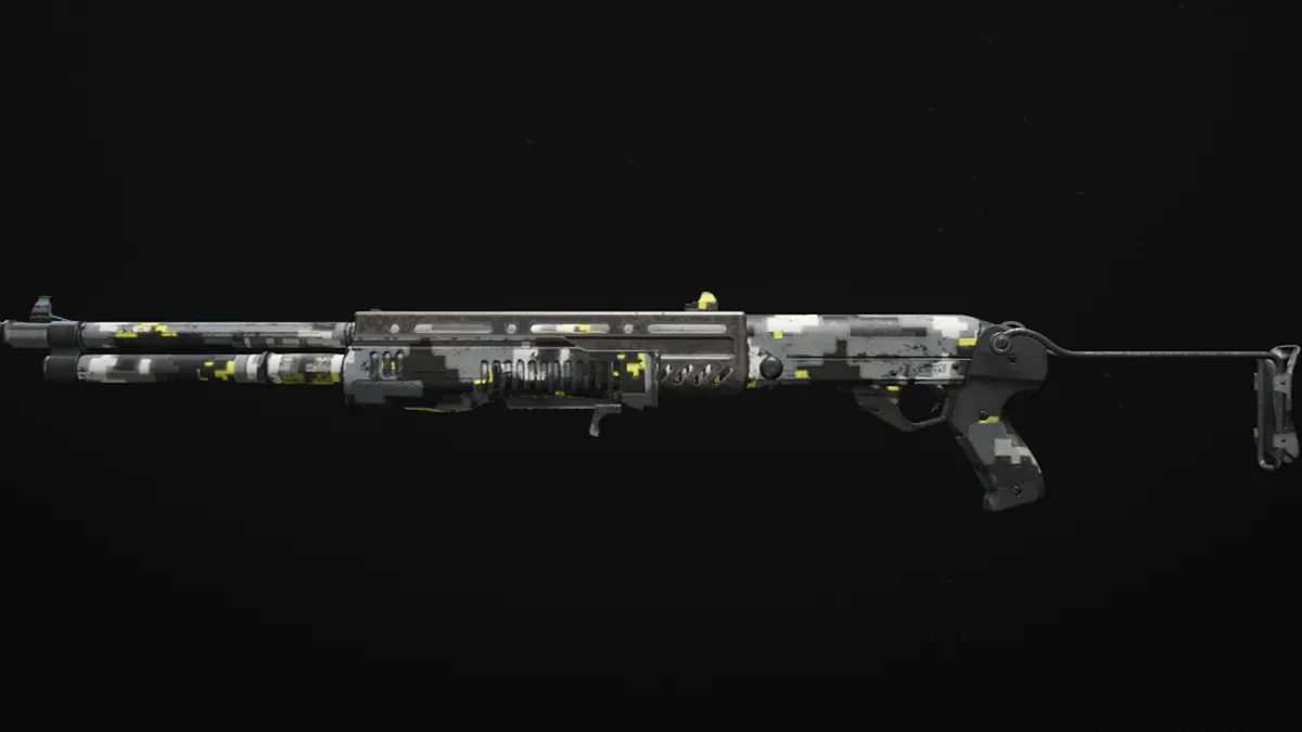 A Reclaimer 18 shotgun with a grey digital camo against a black background