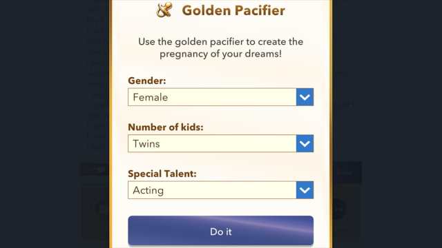 BitLife Golden Pacifier menu