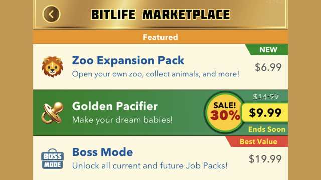 BitLife golden pacifier in the store