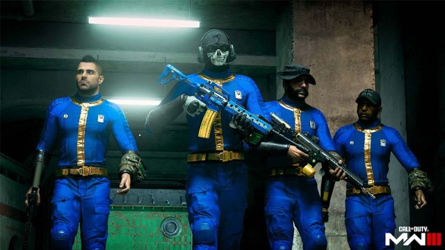 Call of Duty characters walking down a hall wearing Fallout vault suits