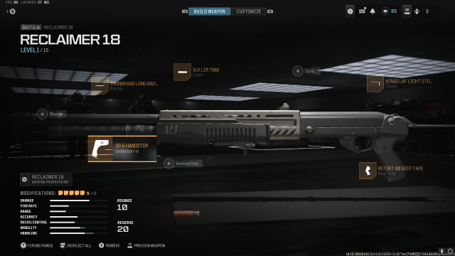 MW3's loadout builder screen, with the Reclaimed 18 shotgun
