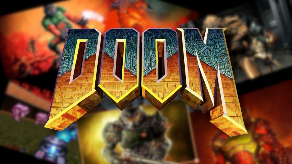 The classic blue and orange Doom logo with stills from each of the main games behind it.