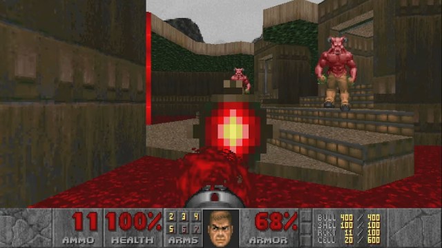 Doom: a rocket is fired at a Baron of Hell monster.