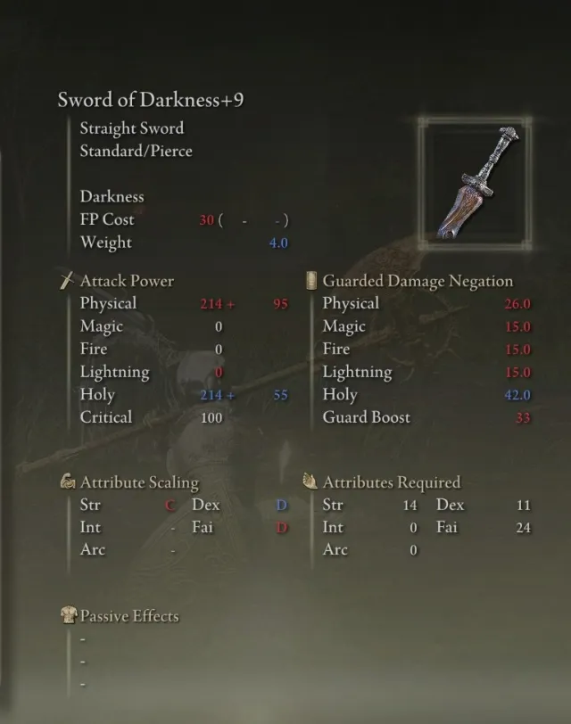 Sword of Darkness stats in Elden Ring