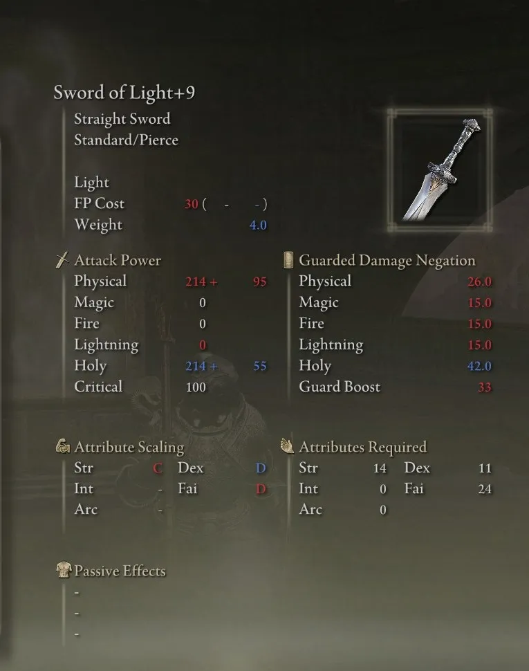 Sword of Light stats in Elden Ring