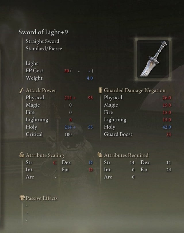 Sword of Light stats in Elden Ring