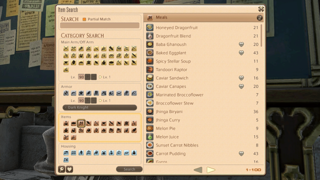 A selection of meals available on the Marketboard in Final Fantasy XIV