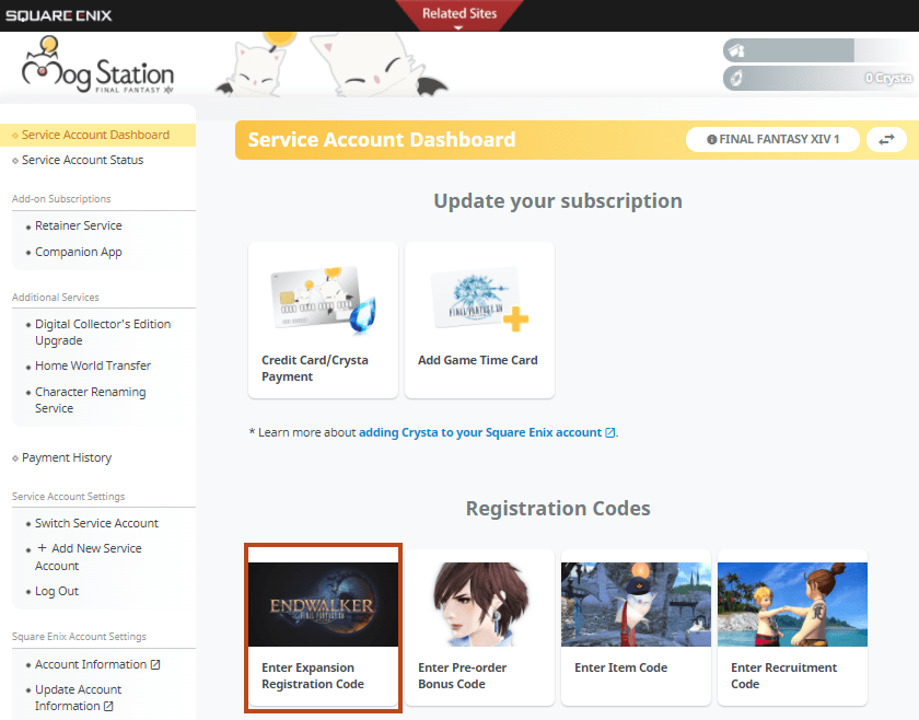 Where to find the Enter Expansion Registration Code button on the MogStation