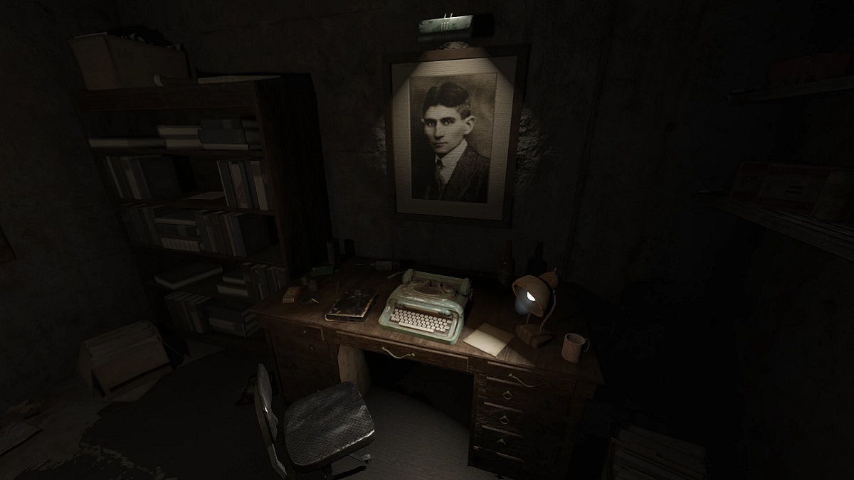 Fallout 4: a typewriter on an old desk with a framed photo of Franz Kafka above it.