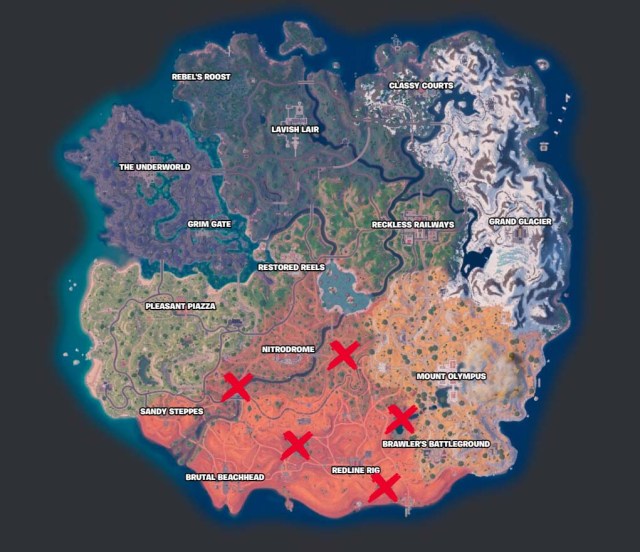 A map showing the locations of Oasis Pools in Fortnite, with an X marking each spot. 