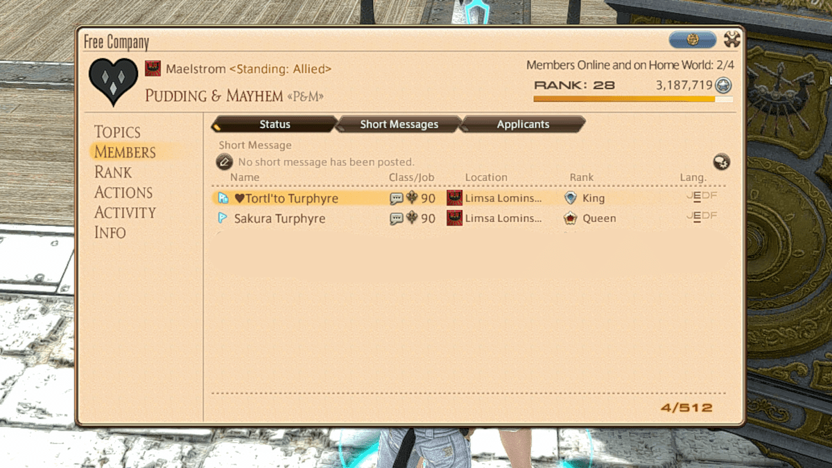 The Free Company menu in Final Fantasy XIV