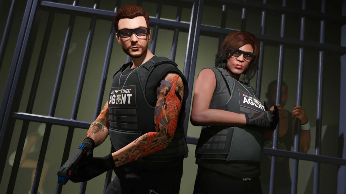 Two GTA Online characters standing in front of a jail cell, wearing armor.
