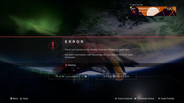 honeydew error destiny 2, it reads" Could not connect to the Destiny 2 servers. Please try again later. For more information visit help.bungie.net and search for error code: honeydew"