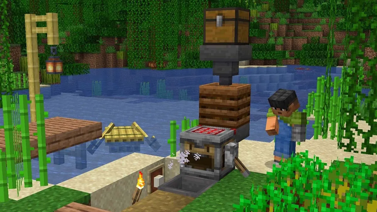 A Minecraft player standing beside a Crafter beside some water.