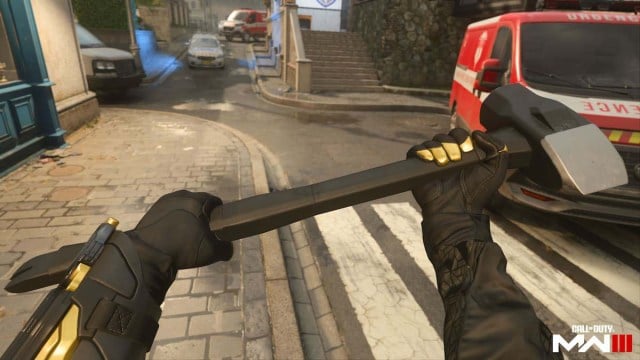 A POV look at a player holding a sledgehammer beside a red van