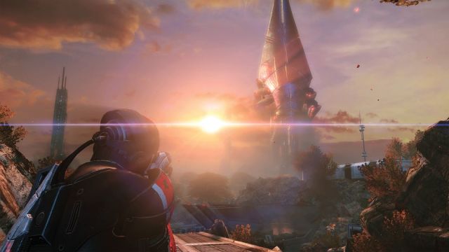 Player looking at tower in Mass Effect