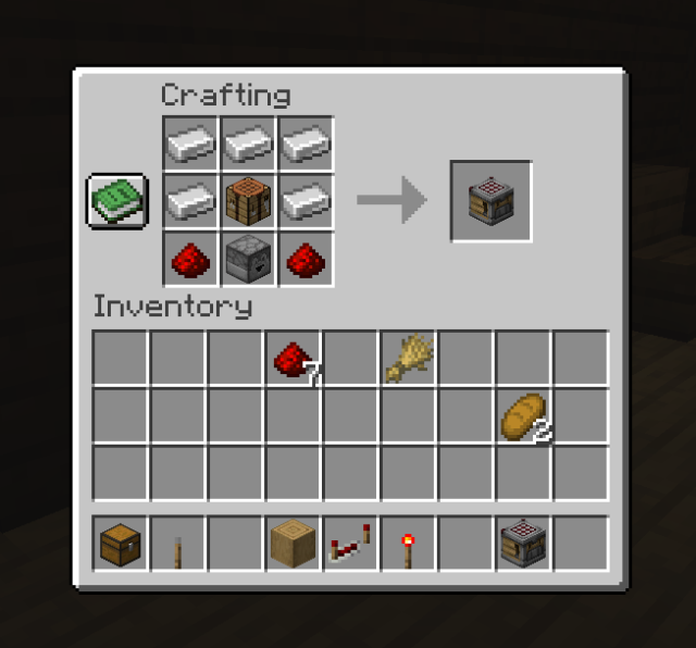 Recette Crafter de Mincecraft, avec cinq morceaux de fer, un banc d'artisanat, un compte-gouttes et deux morceaux de poussière de Redstone