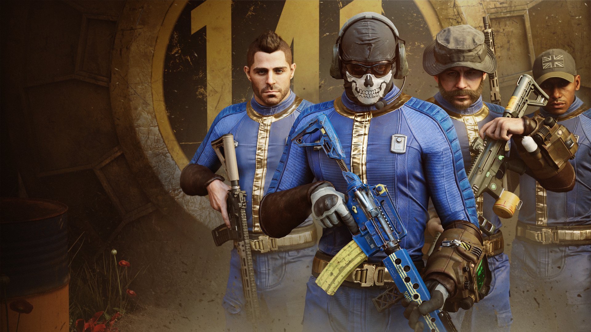 Fallout and Call of Duty keyart, with characters wearing blue and gold jumpsuits