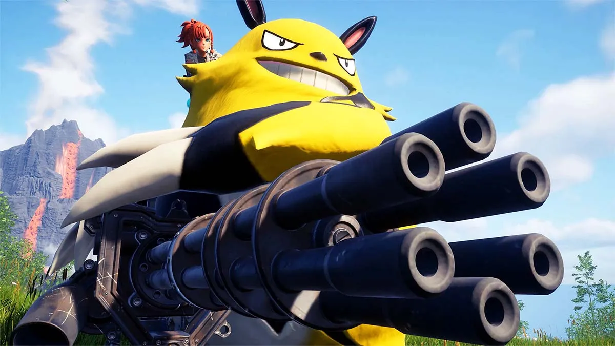A large yellow Palworld creature holding an LMG