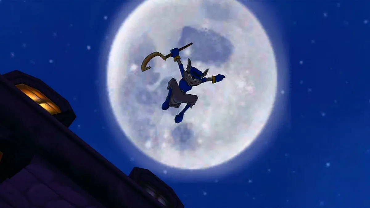 Sly Cooper and the Thievius Raccoonus PS2 jumping in front of full moon