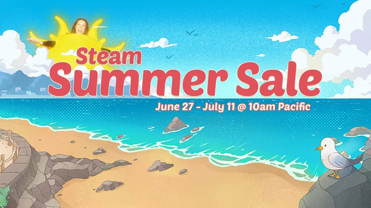 Steam Summer Sale 2024: a cartoon beach bathed in sunlight.