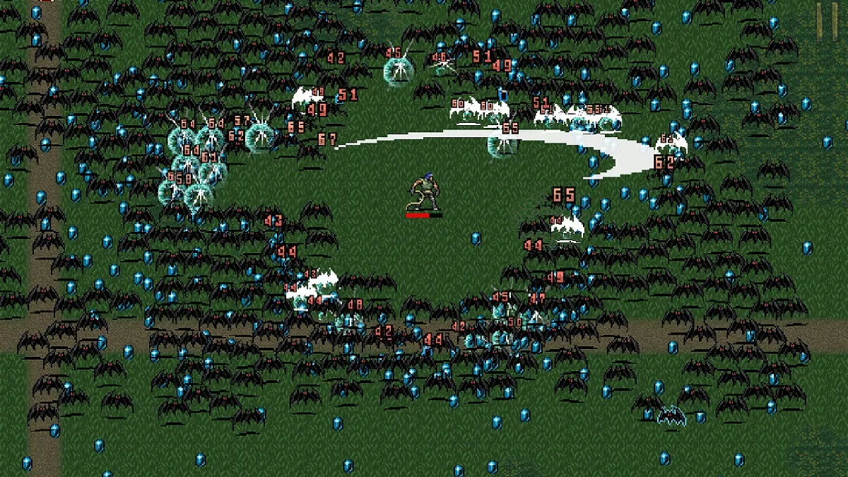 Vampire Survivors: a pixelated character gets swamped by pixelated bats.