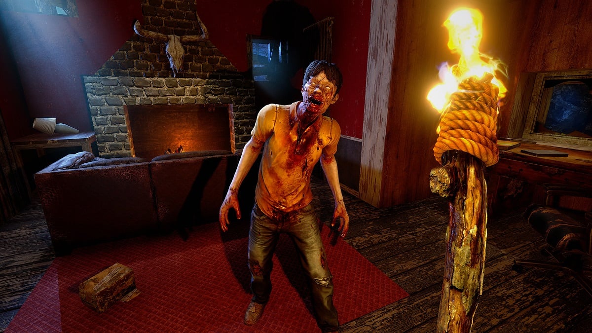 7 Days to Die: a zombie approaches in a home as the player holds a flaming torch.