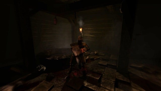 Amnesia The Dark Descent: a creepy monster with a large jaw standing by a dark well.