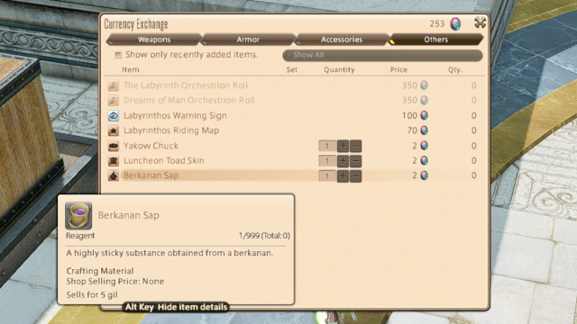 Buying Berkanan Sap with Bicolor Gemstones in Final Fantasy XIV