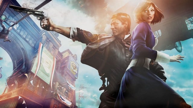 BioShock Infinite: Booker DeWitt points a pistol off-screen while Elizabeth looks behind her, perturbed.