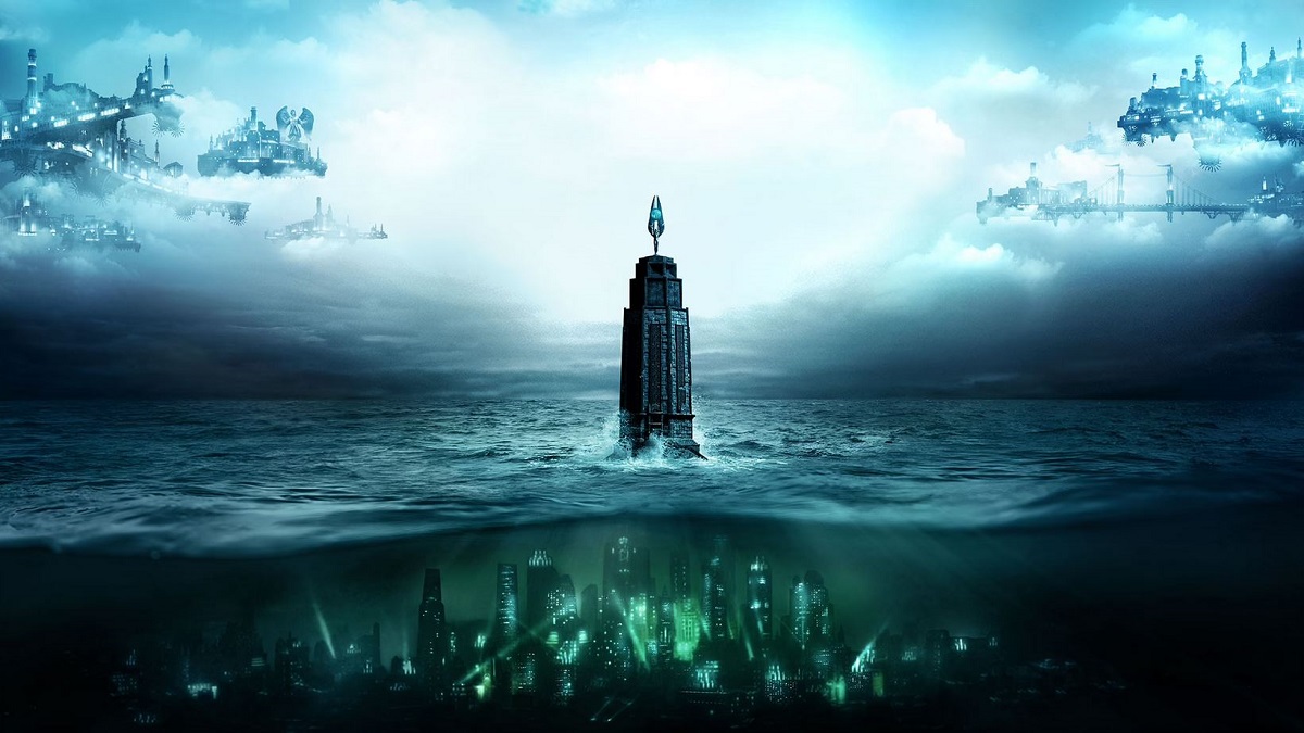 BioShock: a skyscraper pokes out of the top of the ocean and a city skyline is shown under the dark water.