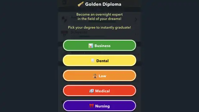 BitLife Golden Diploma menu and degree list