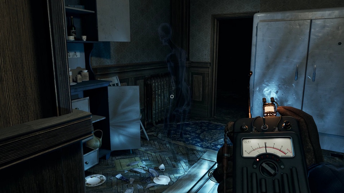 Bureau of Contacts: a hand holds an EMF reader in a kitchen while a skeletal ghosts stares at a wall.