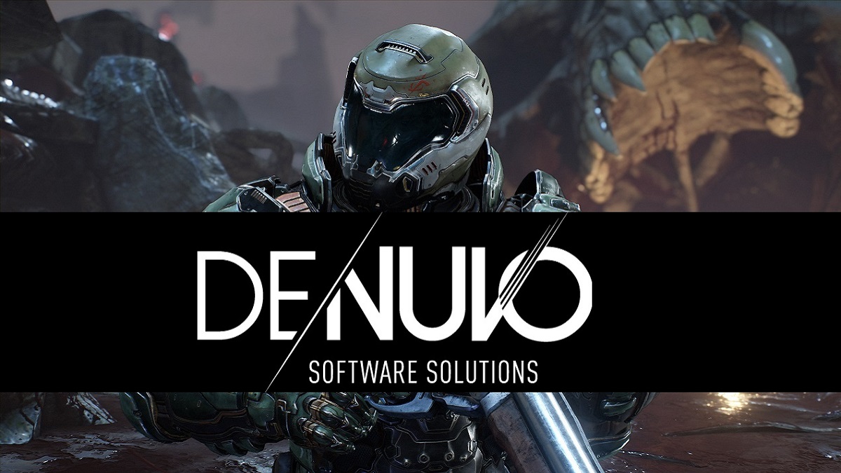 The Denuvo logo with the Doom Slayer from Doom 2016 behind it.