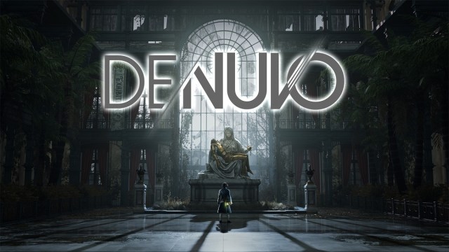 Lies of P: protagonist Pinocchio standing in front of a large statue with the Denuvo logo at the top of the image.