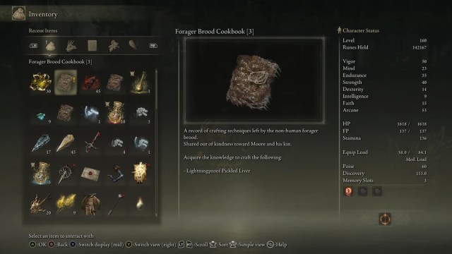 elden ring forager brood cookbook 3 inventory screen