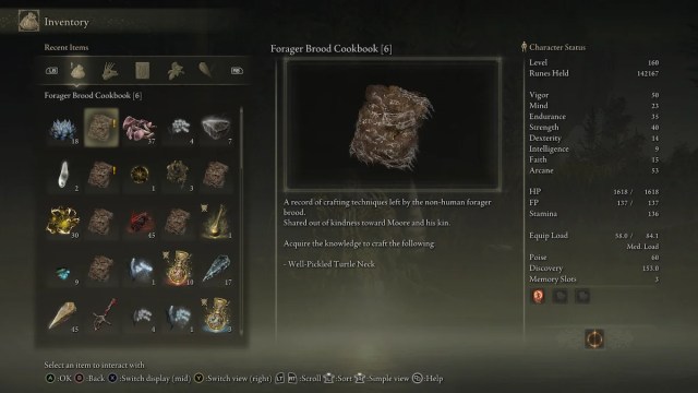 elden ring forager brood cookbook 6 inventory screen