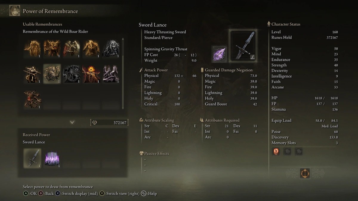 elden ring sword lance inventory screen