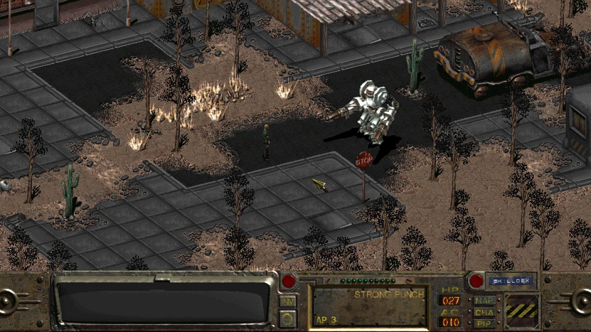 Screenshot from a Fallout 2 mod, showing an isometric of someone about to face off against a giant robot.