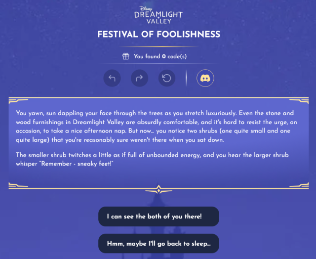 The Festival of Foolishness text-based event on the Disney Dreamlight Valley website