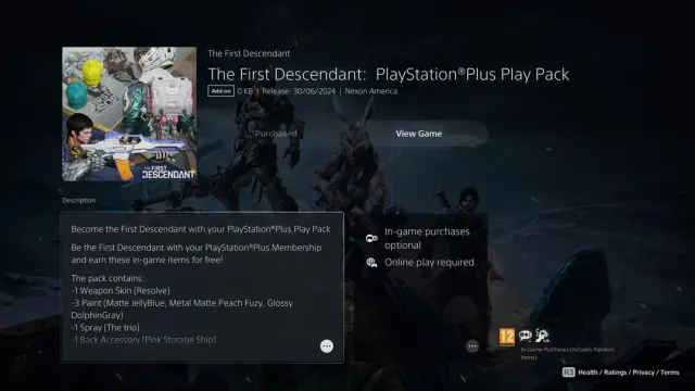 An in-game image of the PlayStation Plus Free Pack in The First Descendant