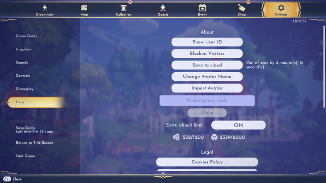 The Redemption Code box in the Help menu of Disney Dreamlight Valley