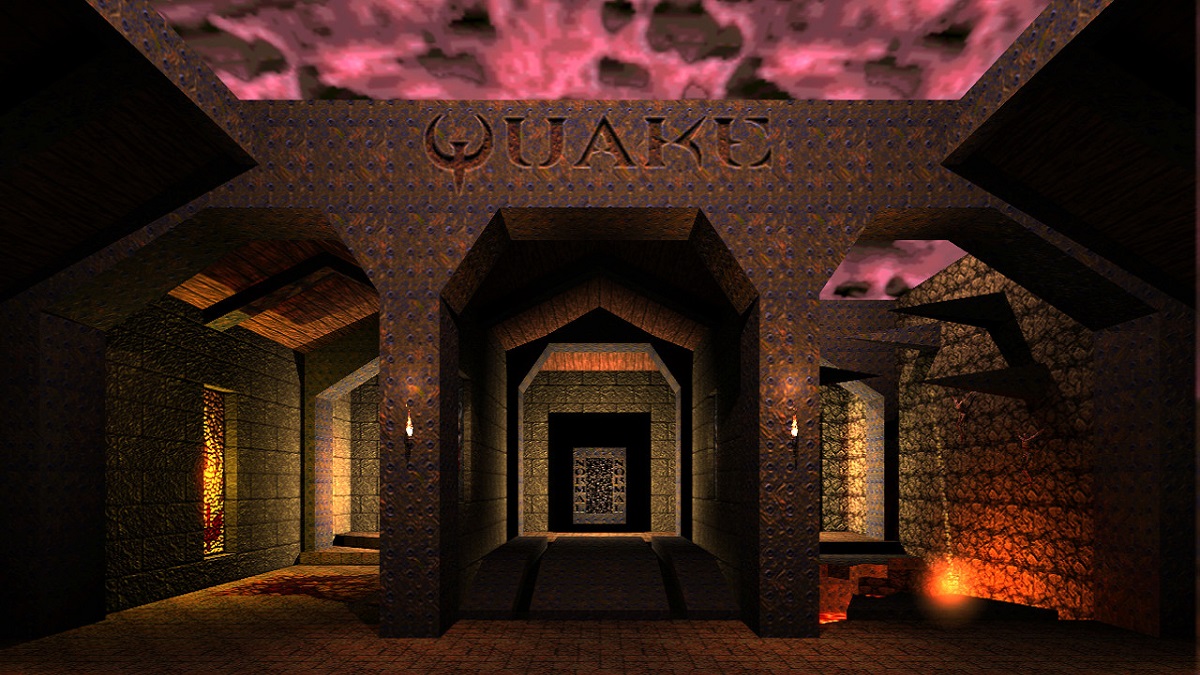 The main Quake 1 entranceway, showing the easy, medium, and hard corridor options.