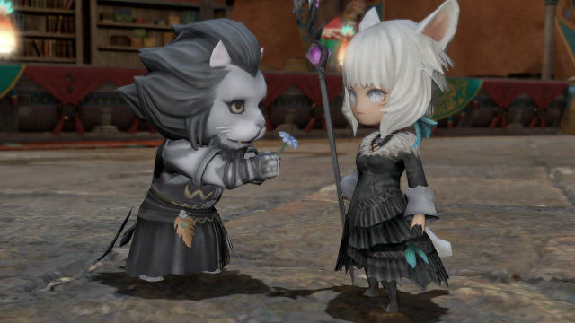 Wind-up Runar gives Brave New Y'shtola a flower in Final Fantasy XIV