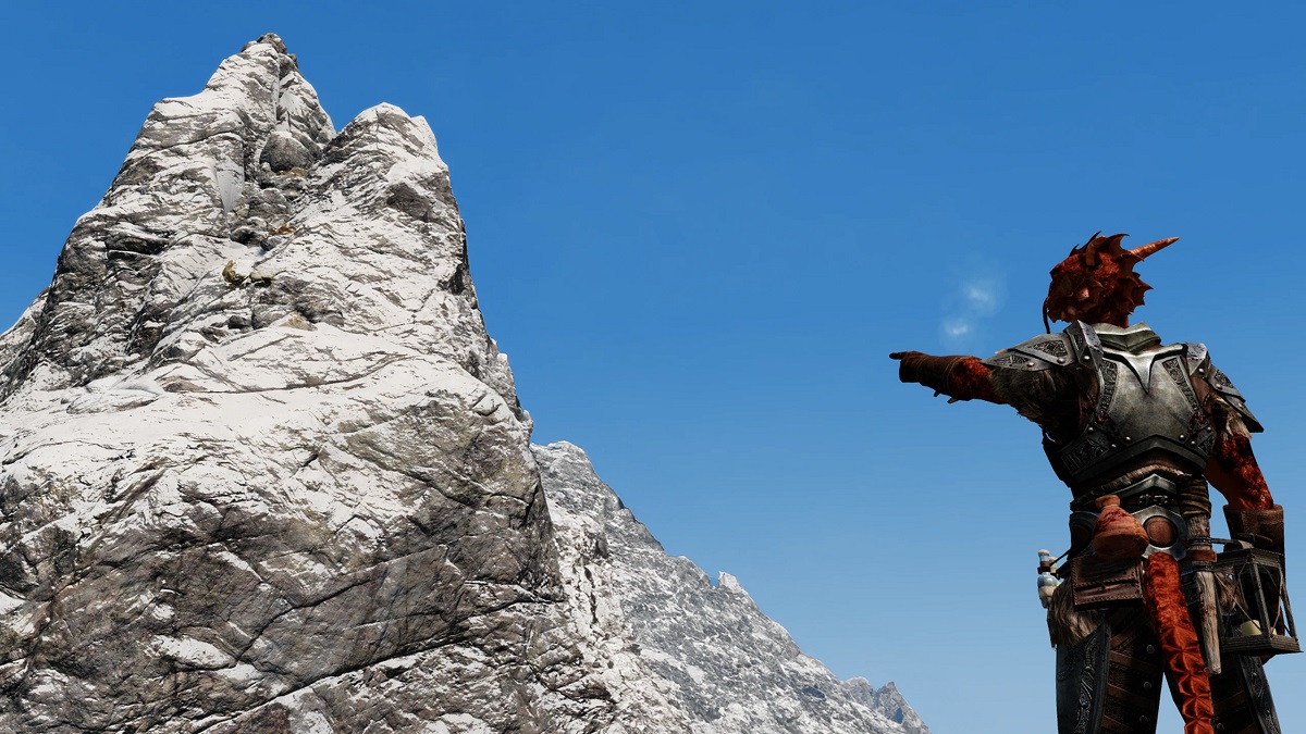 Skyrim: a red Argonian points at a mountain peak with a bright, blue sky behind it.