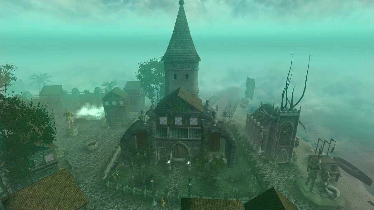 Oblivion: image from the Citadel of Madness mod, showing a creepy church in a mysterious village that's covered in a green fog.